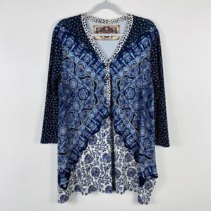 Amma Size Small Mixed Print Long Sleeve Tunic Top Blue Casual Boho